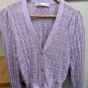 Zara Lavender Pointelle V‑Neck Cardigan